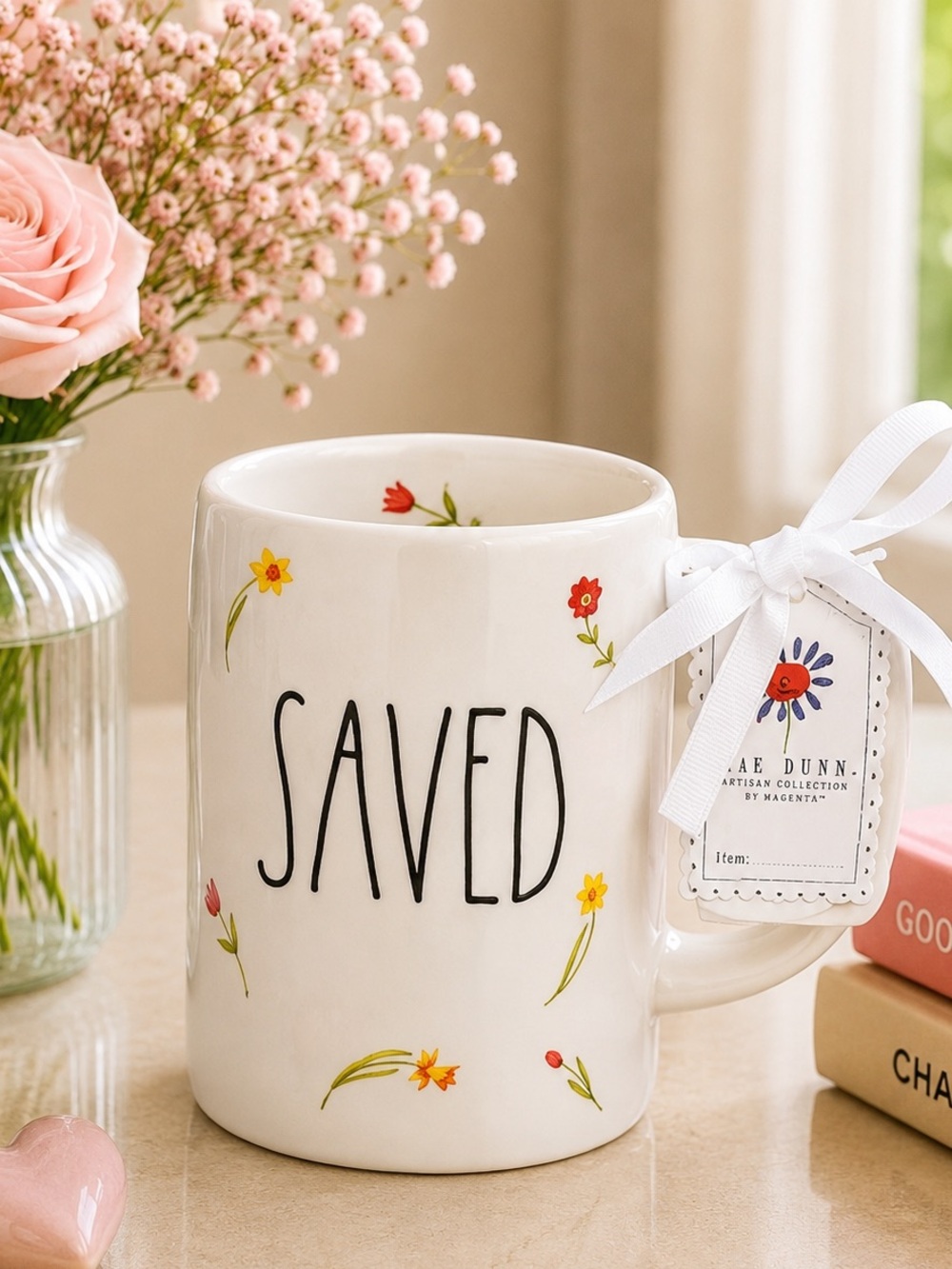 Rae Dunn White Ceramic Mug with Multicolored Floral Accents